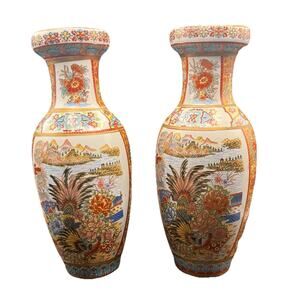 Pair 10” Chinese Satsuma Style Moriage Peacock Floral Vases